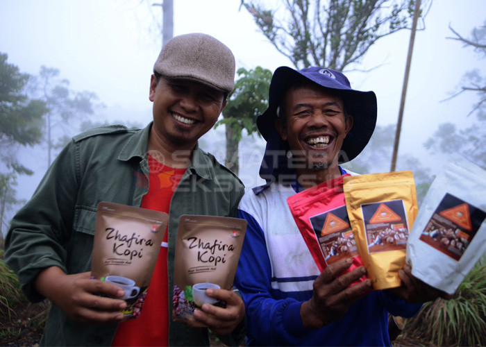 PRODUKSI LANCAR, EKSPOR TERJAGA, PETANI SEJAHTERA-Suratin bersama petani kopi lain dari Kelompok Sepakat Tani di kawasan pertanian Kopi Semendo  Desa Datar Lebar, Kecamatan Semendo Darat Ulu, Kabupaten Muara Enim, Sumsel memproduksi kopi dengan kualitas tinggi, asli, menghasilkan 3 jenis kopi, Arabika, Robusta, dan Liberika dengan kualitas dunia. Foto : Evan Zumarli/Sumateraekspres.id