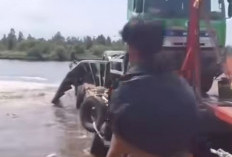 Diduga Tongkang Miring , Dua Truk Milik BTP Sungai Baung Nyemplung ke Sungai, Rencana Hari Ini Baru Diangkat 