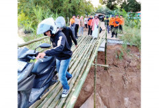 Jembatan Kandis Ambruk Karena Abrasi, Warga Swadana Bangun Jembatan Bambu