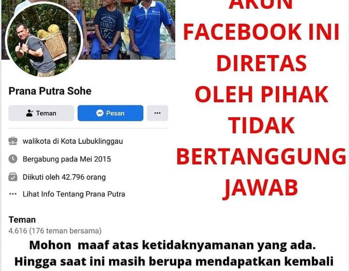 Giliran Akun Facebook Wali Kota Lubuklinggau Diretas