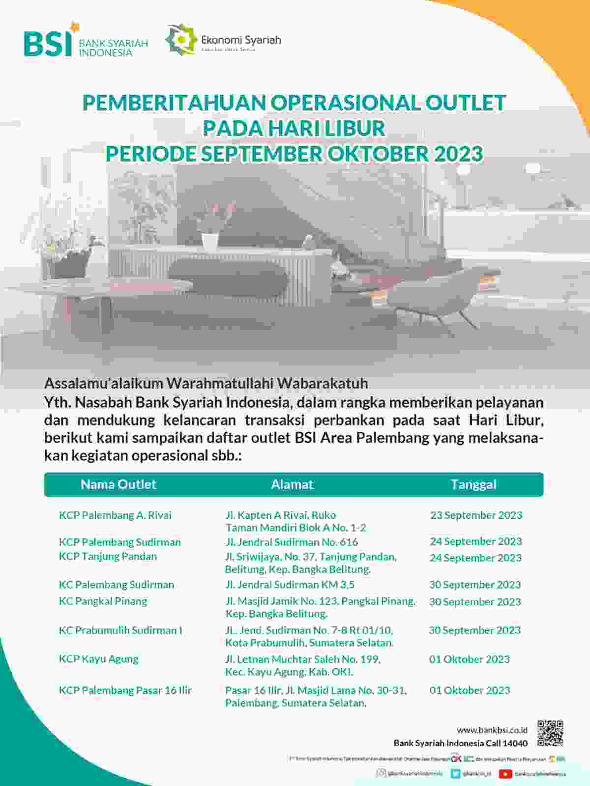 PENGUMUMAN: Operasional Outlet BSI Hari Libur Periode September – Oktober 2023 BSI Area Palembang
